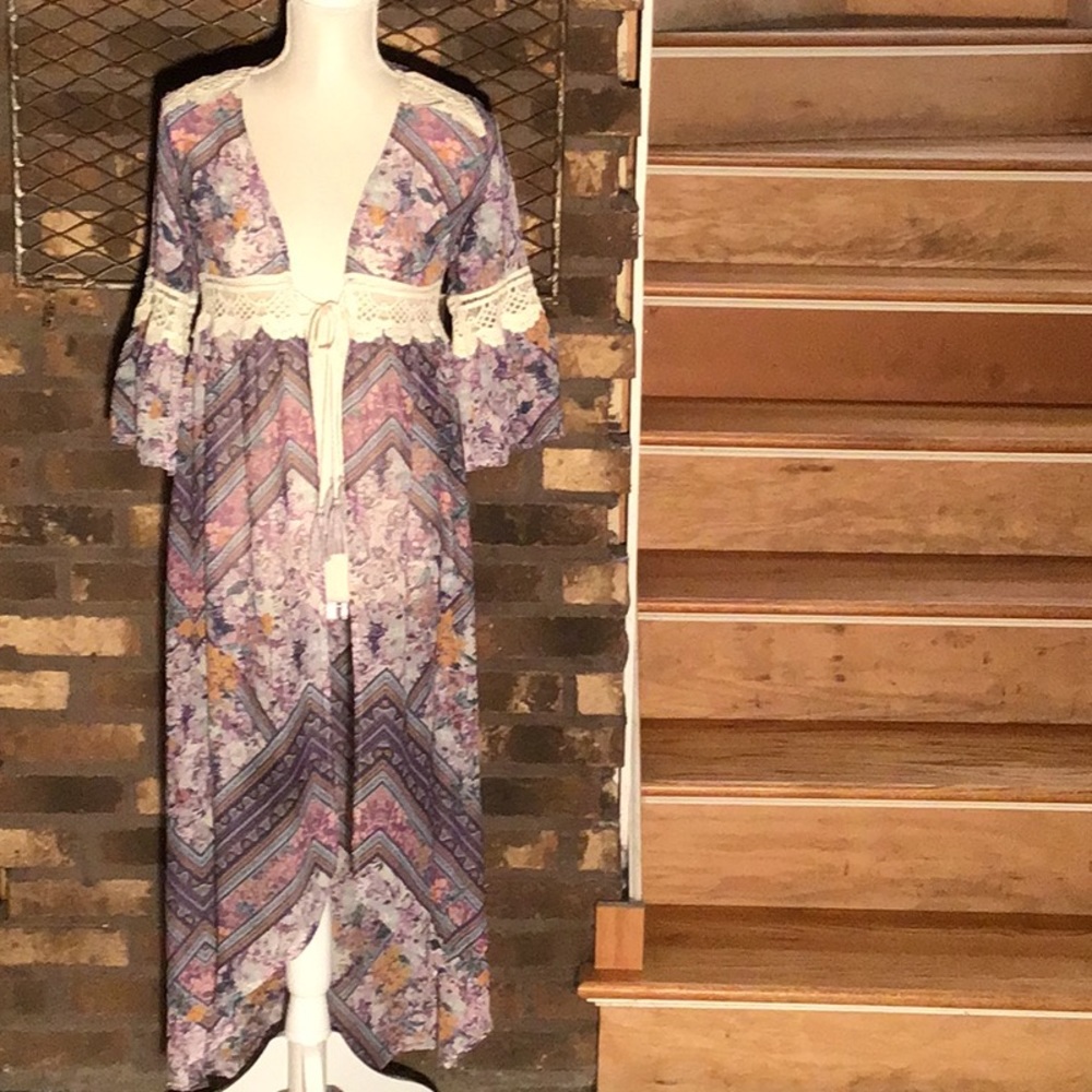 Boho Lavender Floral Crochet-Tie Swim Coverup